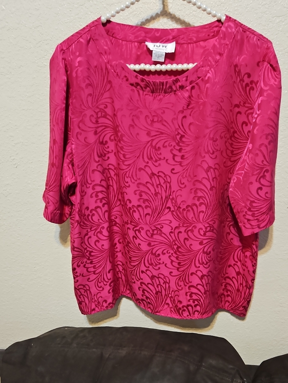 Hot Pink 100% Silk Vintage Jacquard Short Sleeve Blouse